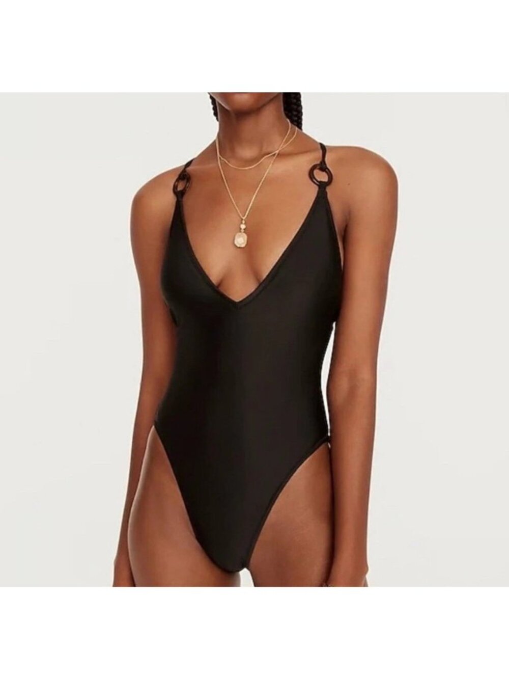 J Crew O-Ring V-Neck One-Piece Swimsuit High-Cut Leg Black Low-Rise Back 24 - Picture 1 of 5